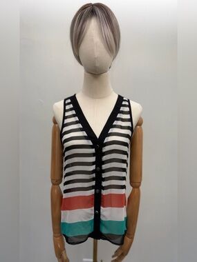 Fio Fio Sheer Striped Sleeveless Blouse Open Back Button Front Size Medium
